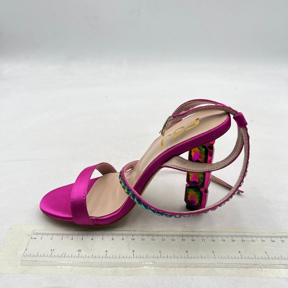 FSJ Fuchsia Satin Evening Shoes Ankle Strap Crystal Block Heel Sandals - Picture 2 of 8